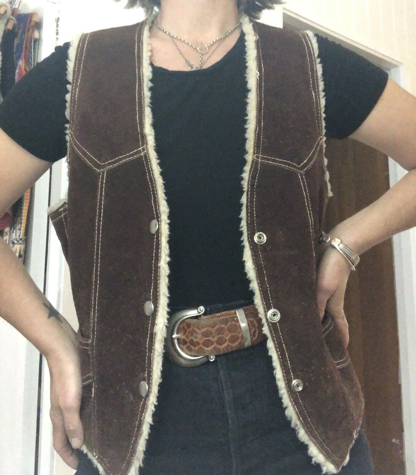 Vintage Mexican Suede Leather Vest Gilet Waistcoat ladies