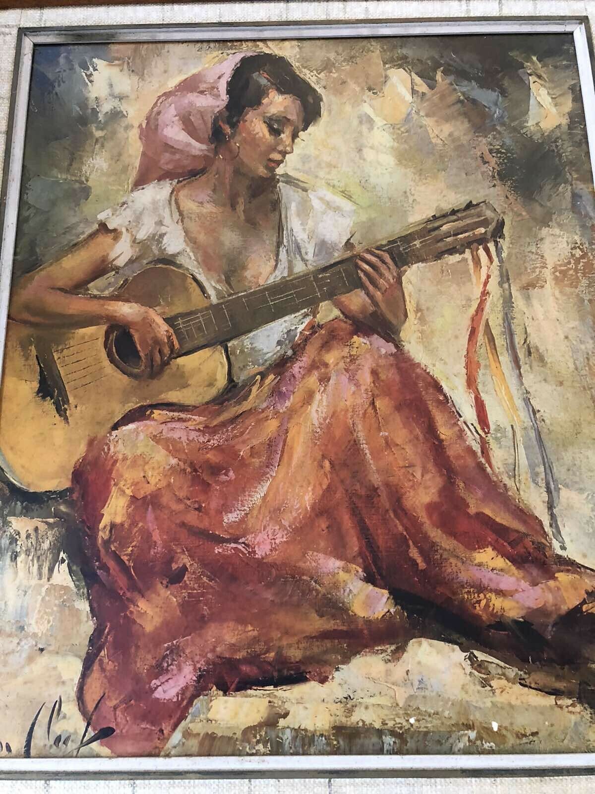 Van Clef Guitar Player Girl Gypsy Lady Mid Century Print