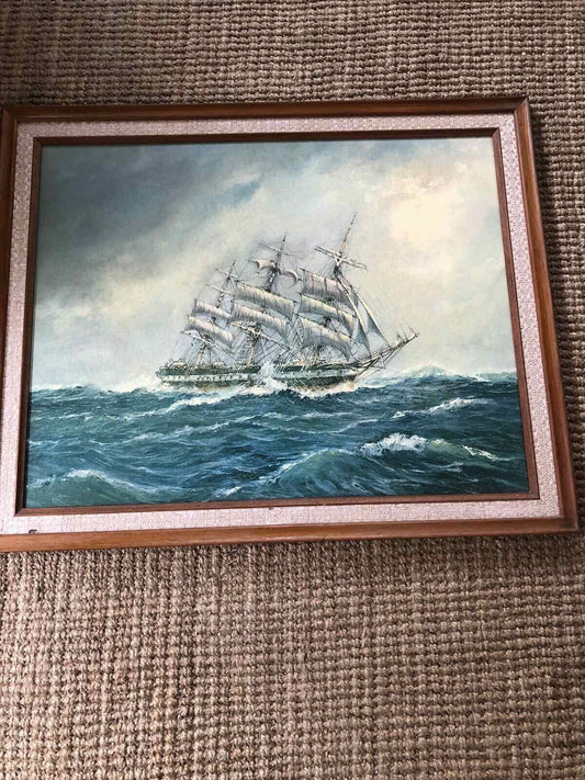 Seascape Galleon Vintage Print Ship Mid Century