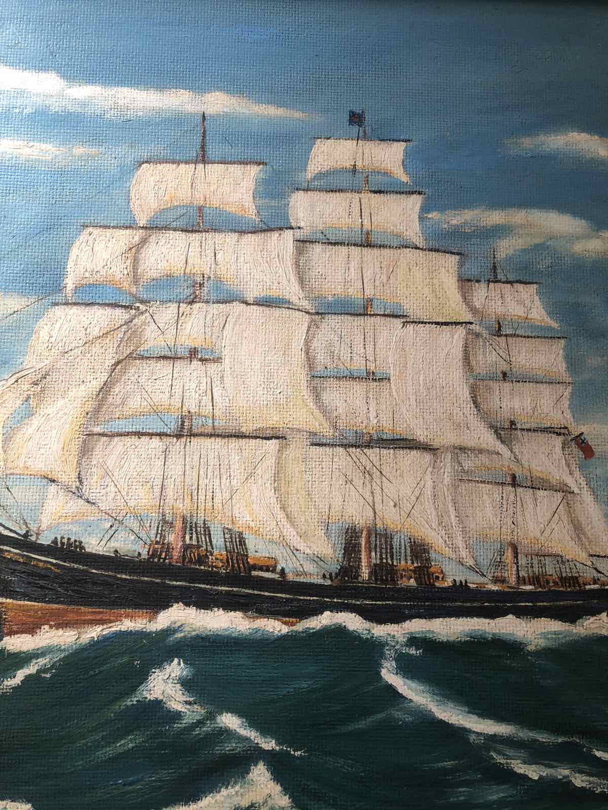 Vintage oil painting of a ship seascape