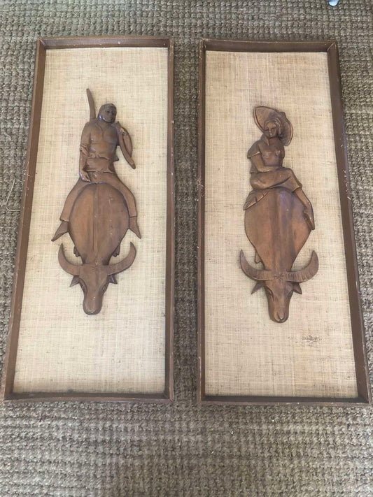 Vintage mid century wall decor plaque pair tiki