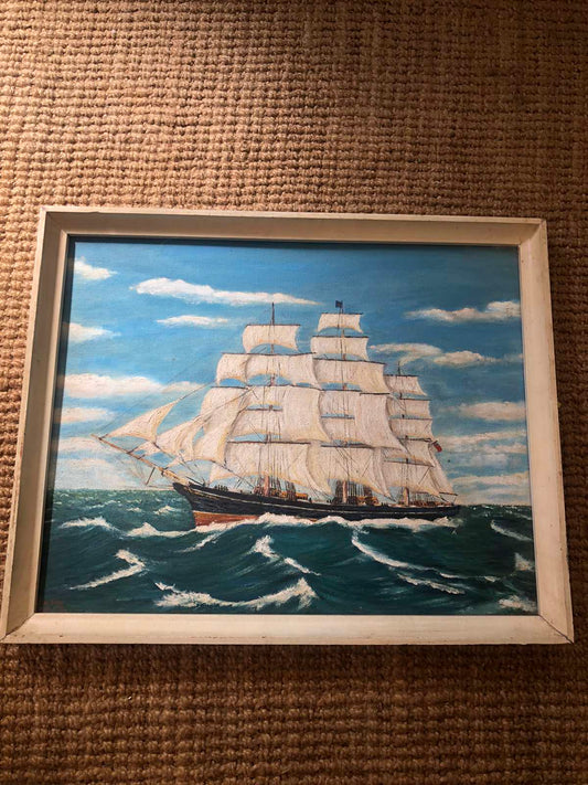 Vintage oil painting of a ship seascape