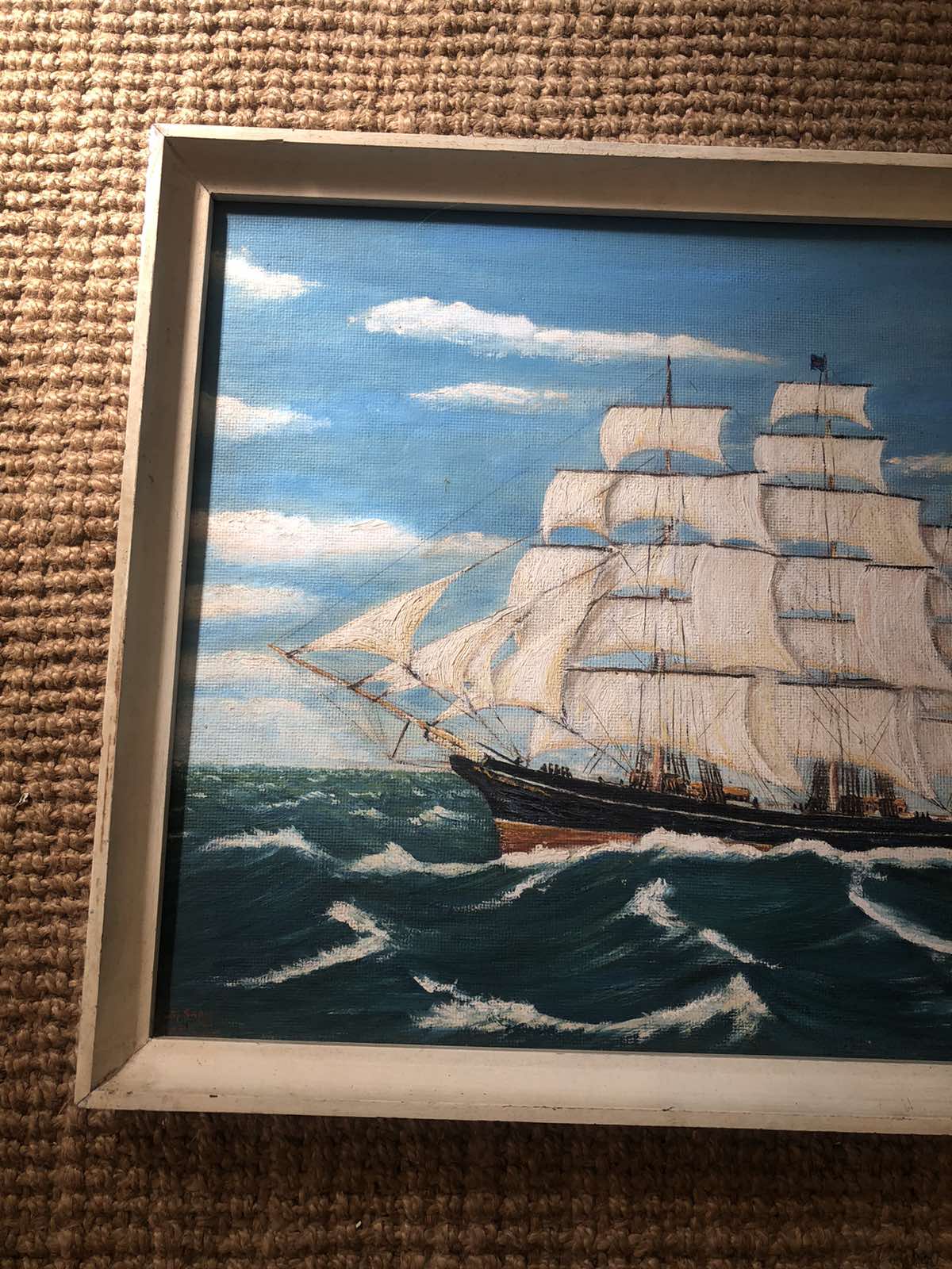 Vintage oil painting of a ship seascape